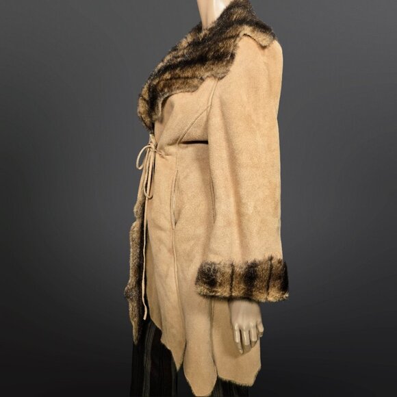 Y2K Penny Lane Coat Size M Boho Beige Faux Suede Brown Faux Fur Mid Length - Picture 5 of 13